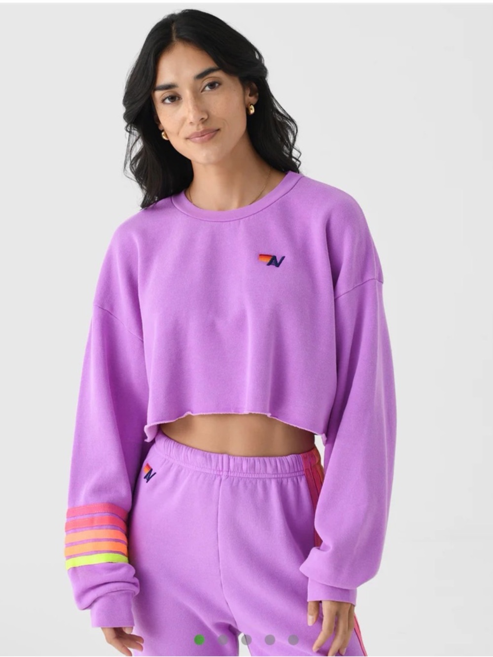 Aviator Nation Lavender Cropped Crewneck Sweatshirt with Multicolor Stripe Cuff